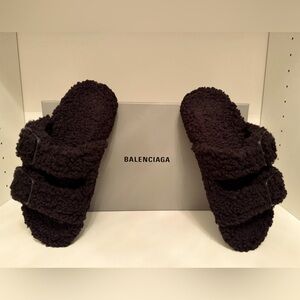 Balenciaga Mallorca Faux Shearling Buckle Black Slides